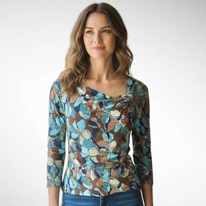 BCBGMaxAzria Cropped Floral Pullover Blouse Asymmetrical Neckline 3/4-Sleeves